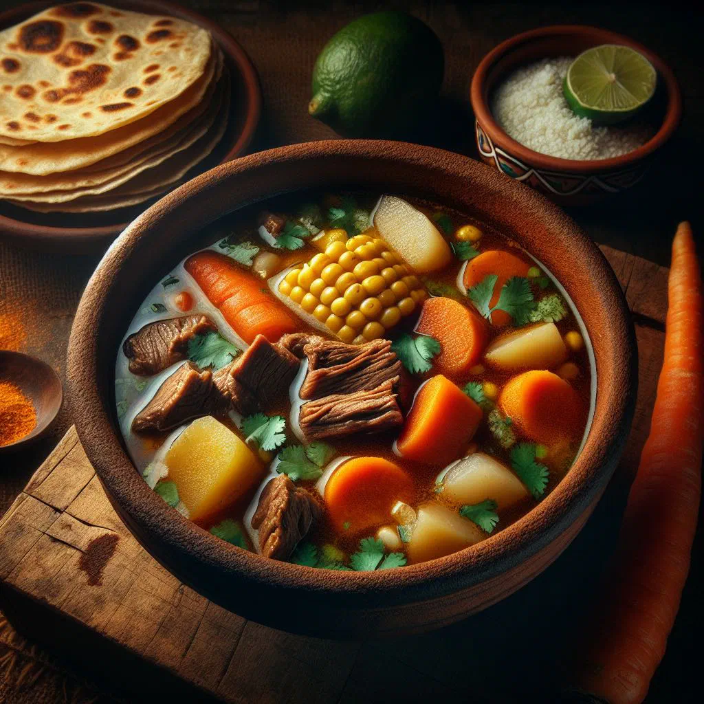 Bowl of caldo de res with beef, corn on the cob and vegetables garnished with coriander