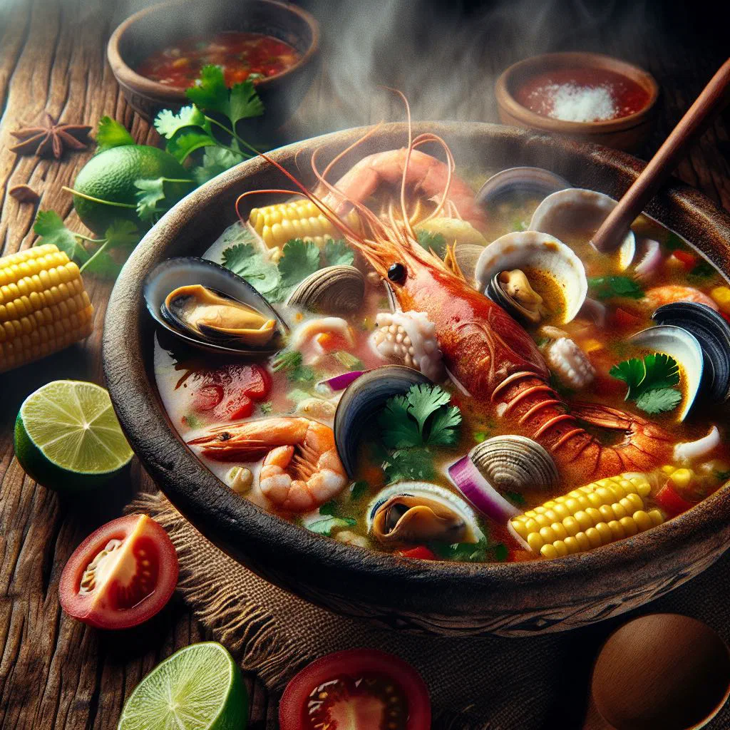 Bowl of caldo michi fish soup with lime, tomato and fresh coriander