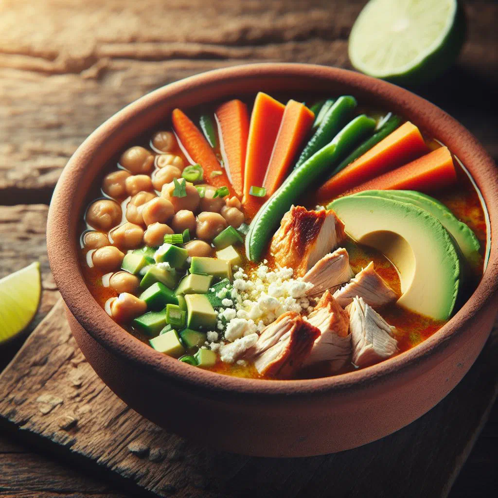 Bowl of caldo tlalpeño with shredded chicken, vegetables and chipotle