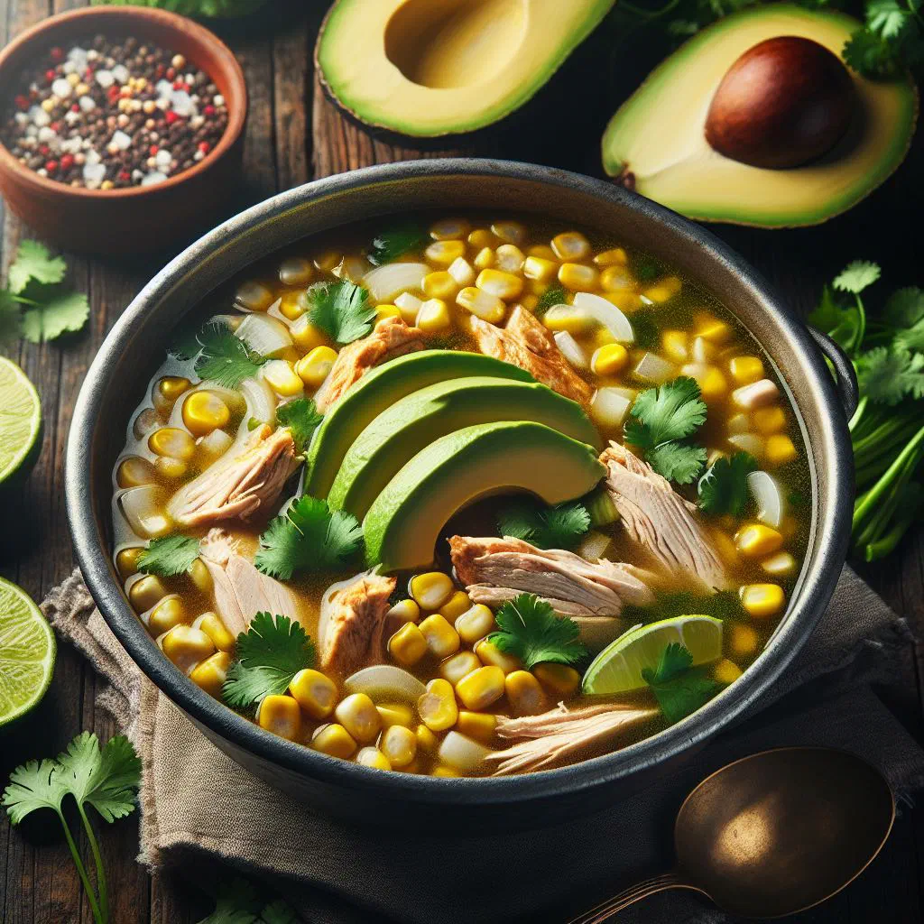 Bowl of Caldo Xóchitl chicken soup with vegetables, fresh herbs and lime
