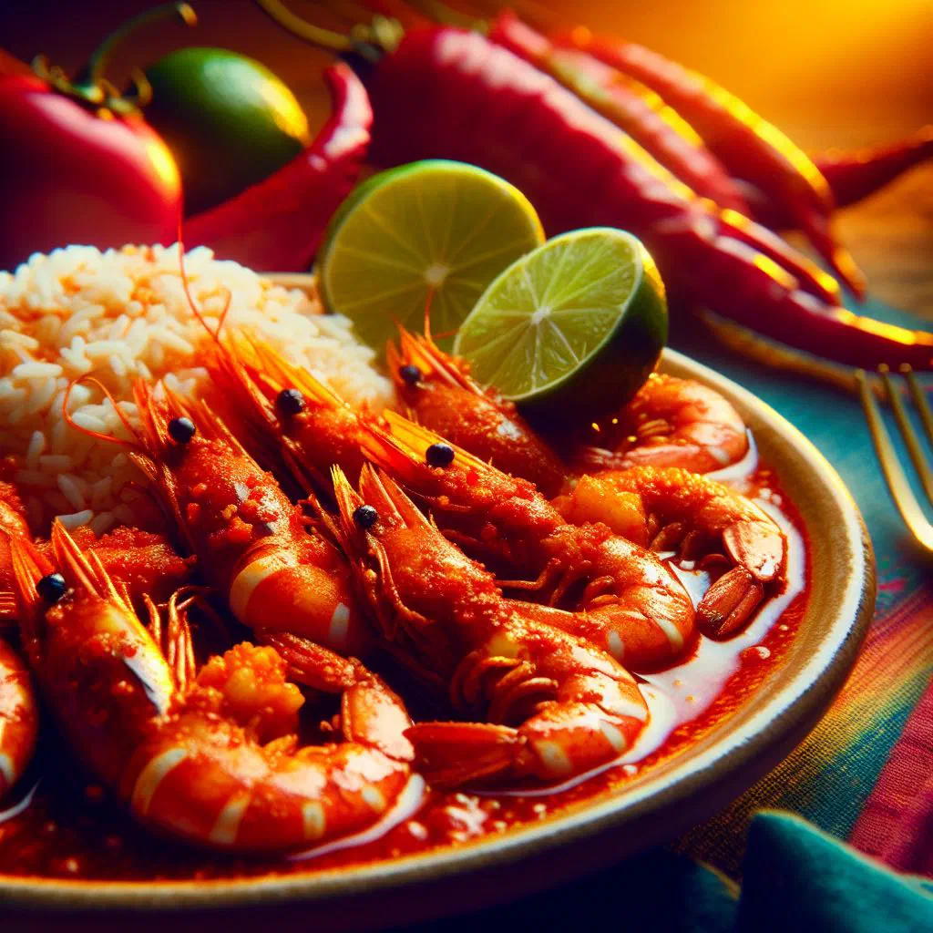 Prawns simmered in a fiery red chilli sauce, garnished with fresh coriander