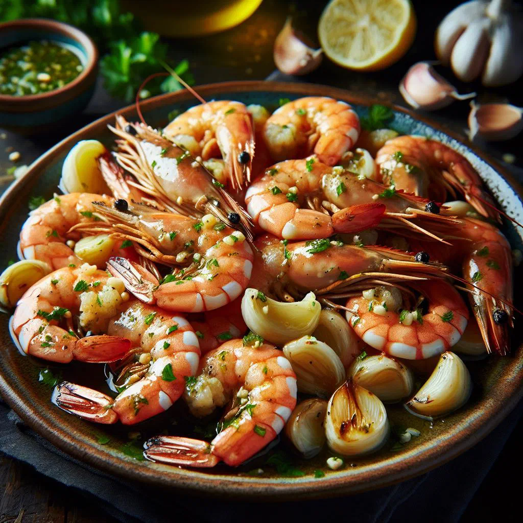 Juicy garlic prawns in a golden olive oil sauce with fresh herbs and lime