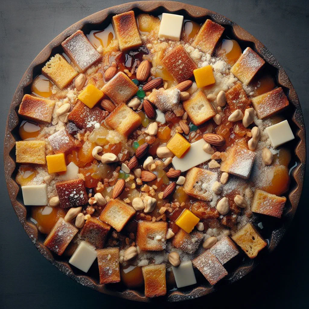 Mexican capirotada bread pudding with raisins, nuts and crumbled cheese