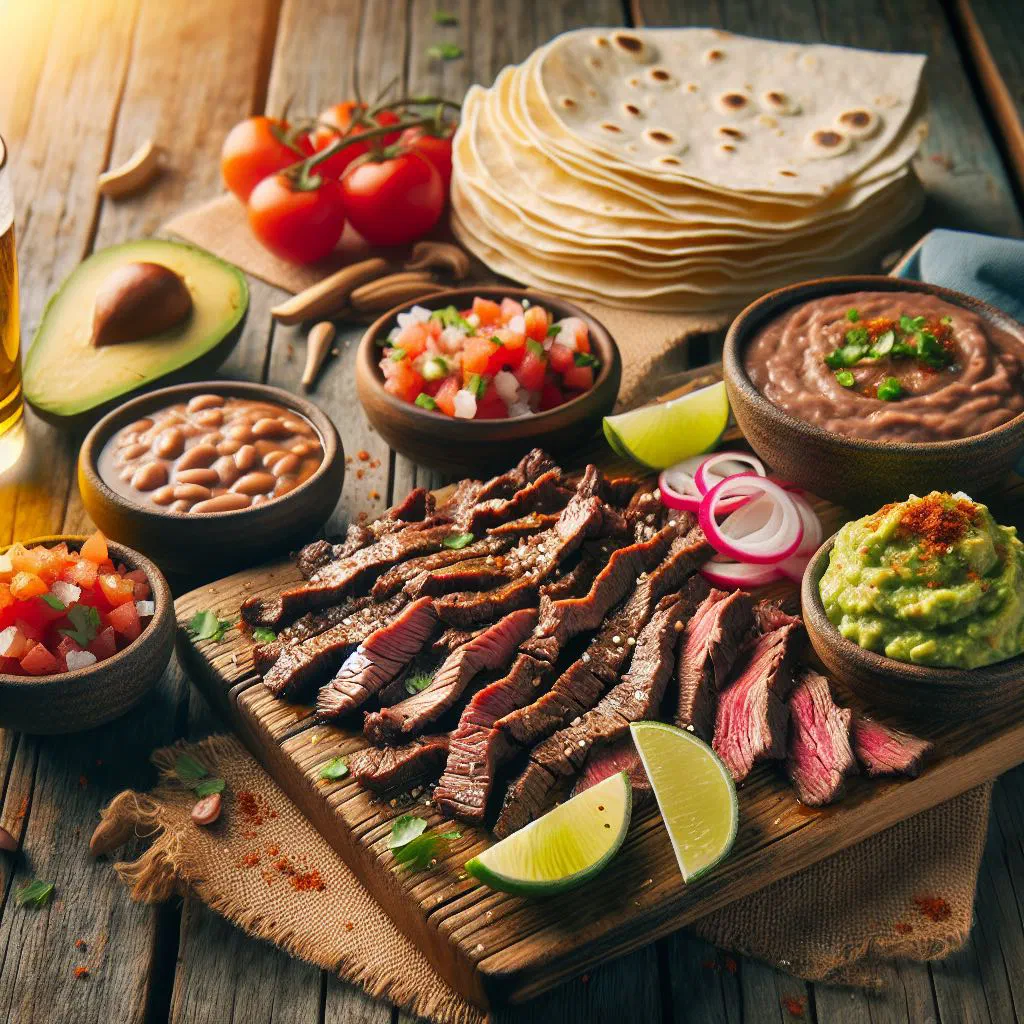 Grilled carne asada norteña sliced and served with lime and coriander