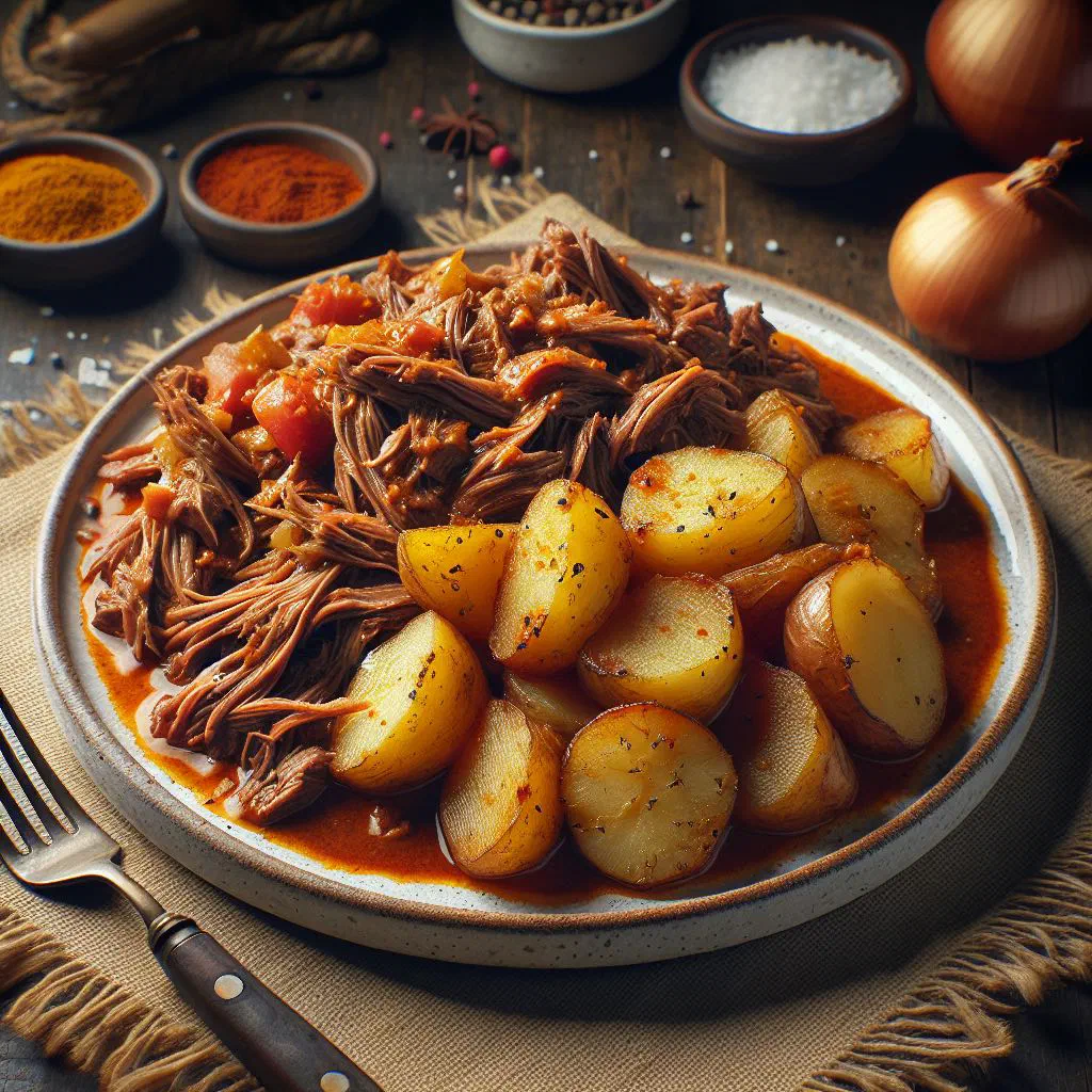 Shredded beef with potatoes garnished with fresh coriander and lime