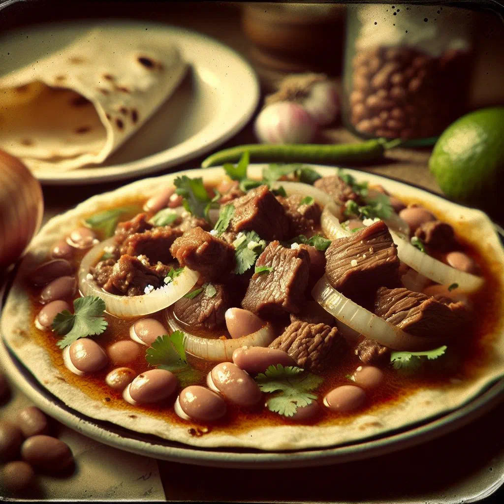 Bowl of carne en su jugo with beef, black beans, bacon, coriander and lime