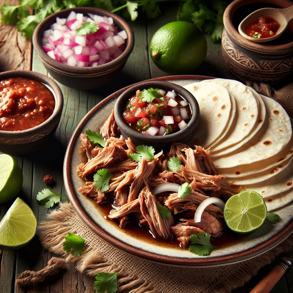 Crispy shredded pork carnitas with coriander and lime wedges