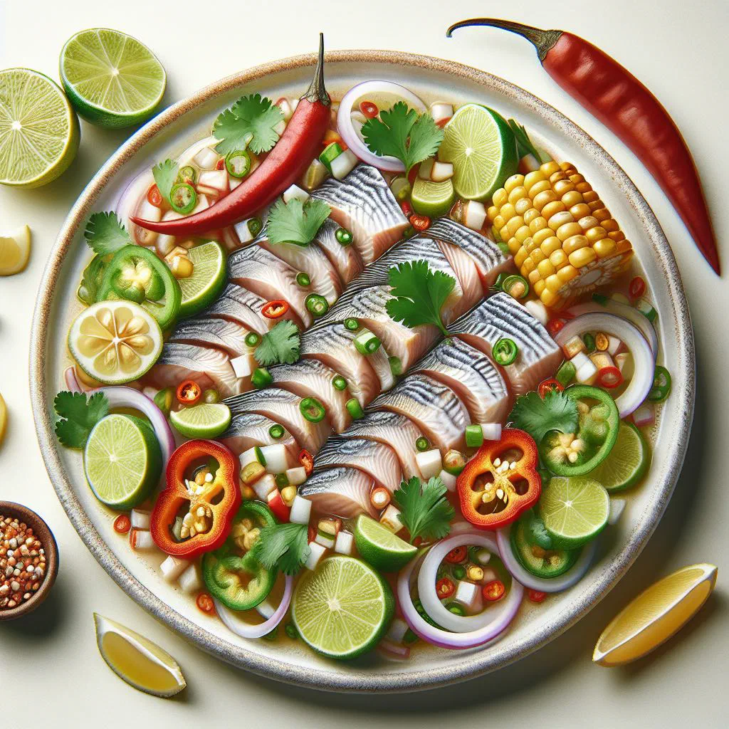 Ceviche de sierra with diced fish, red onion, tomato and coriander in lime