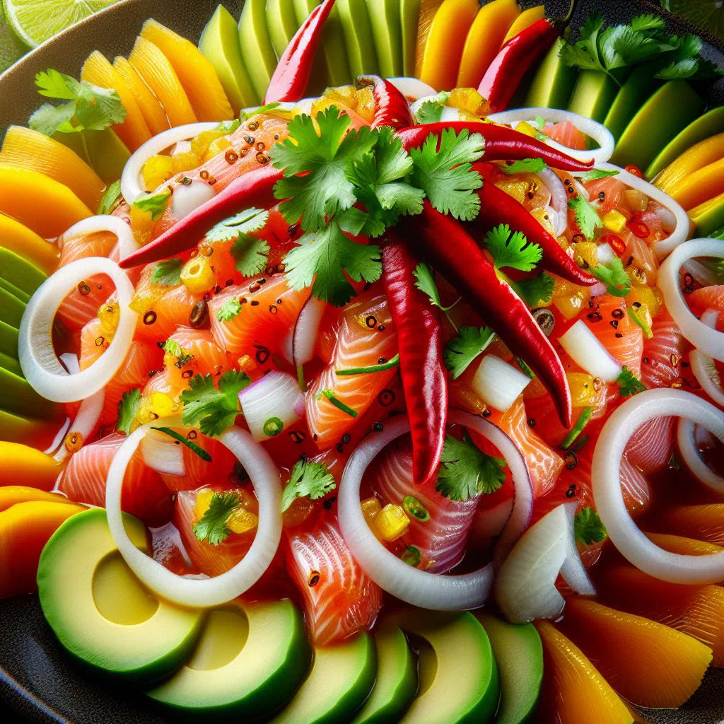 Fresh ceviche with diced fish, avocado, tomato and coriander