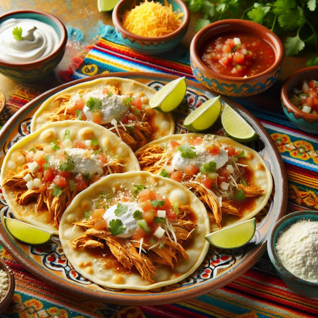 Crispy chalupas topped with shredded chicken, salsa and fresh coriander
