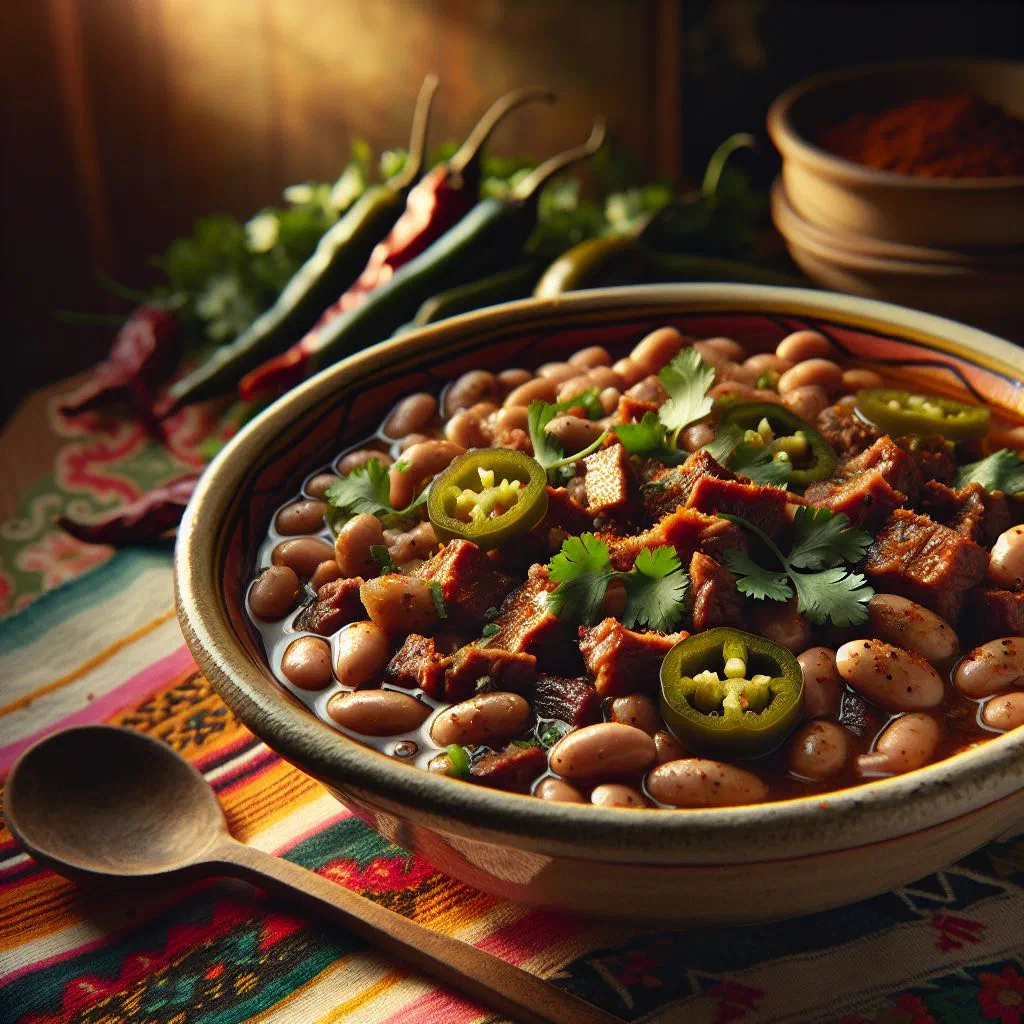 A bowl of charro beans with bacon, tomato and chillies