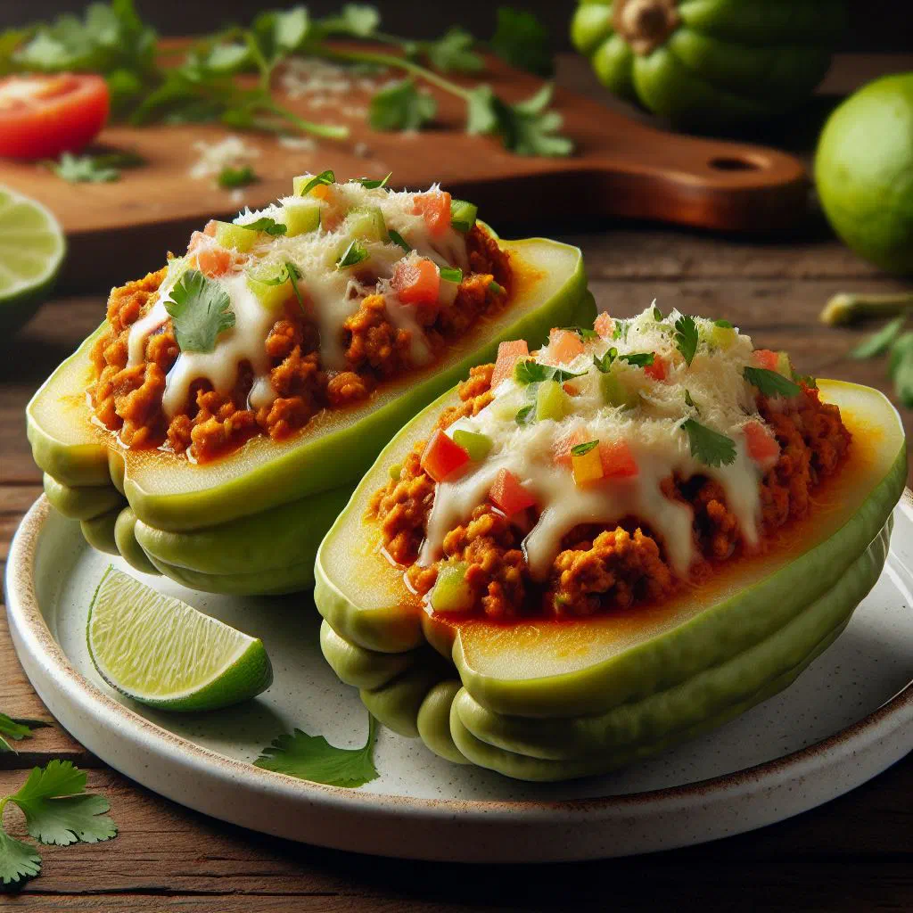 Baked stuffed chayotes topped with golden melted cheese and fresh herbs