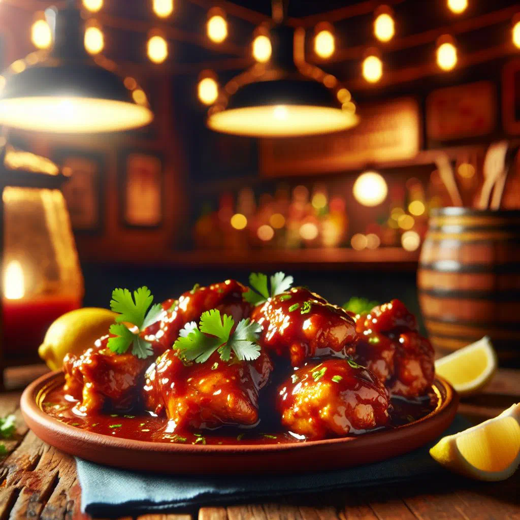 Chicken fillets in a glossy tamarind sauce garnished with fresh coriander
