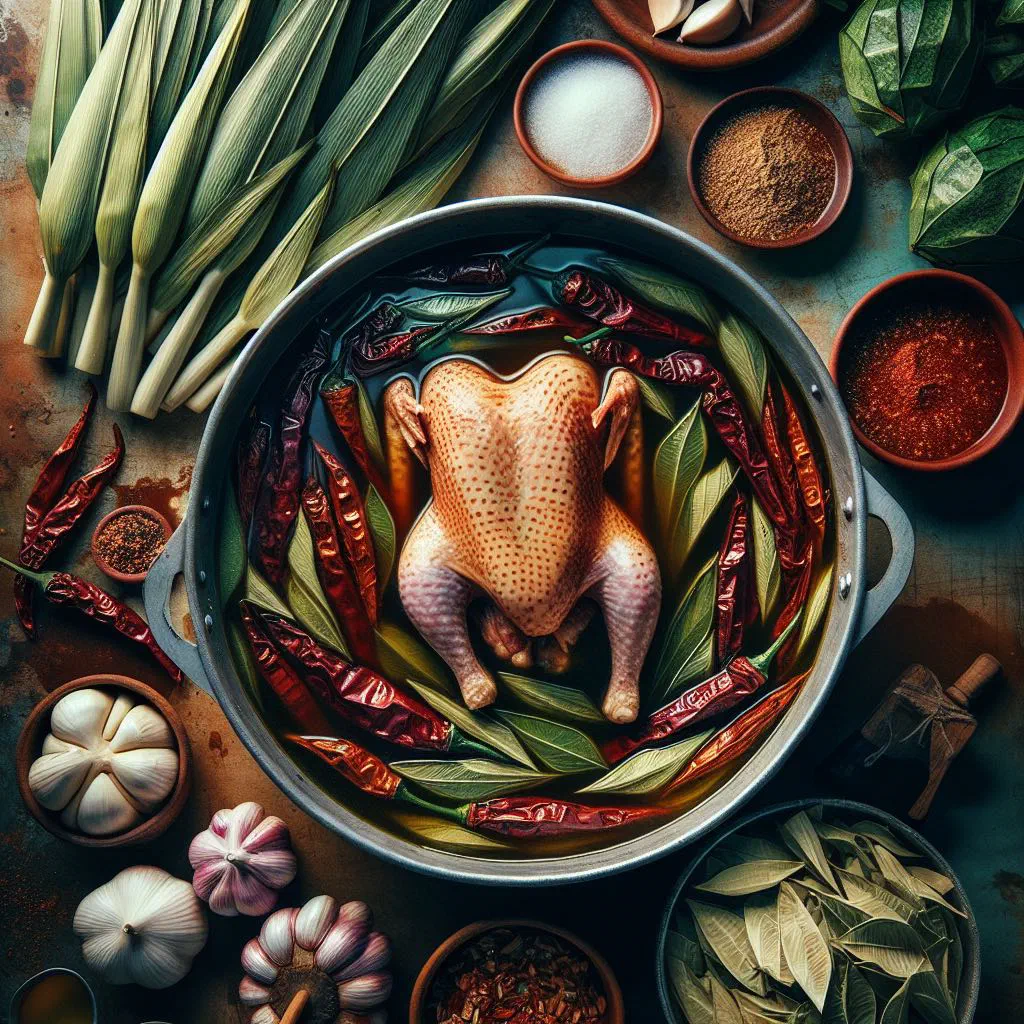 Chicken mixiote steamed in agave leaves with vegetables and lime