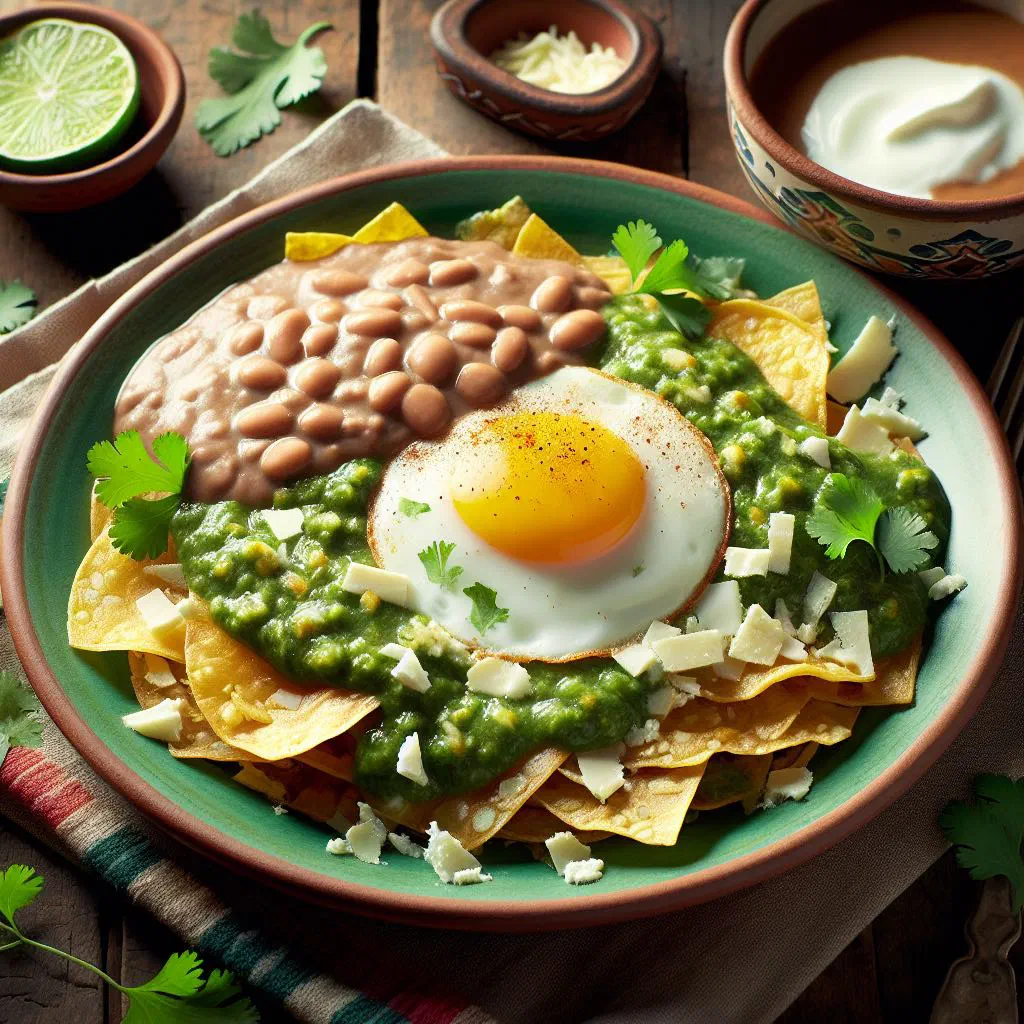 Chilaquiles verdes topped with green salsa, crumbled cheese, avocado and coriander