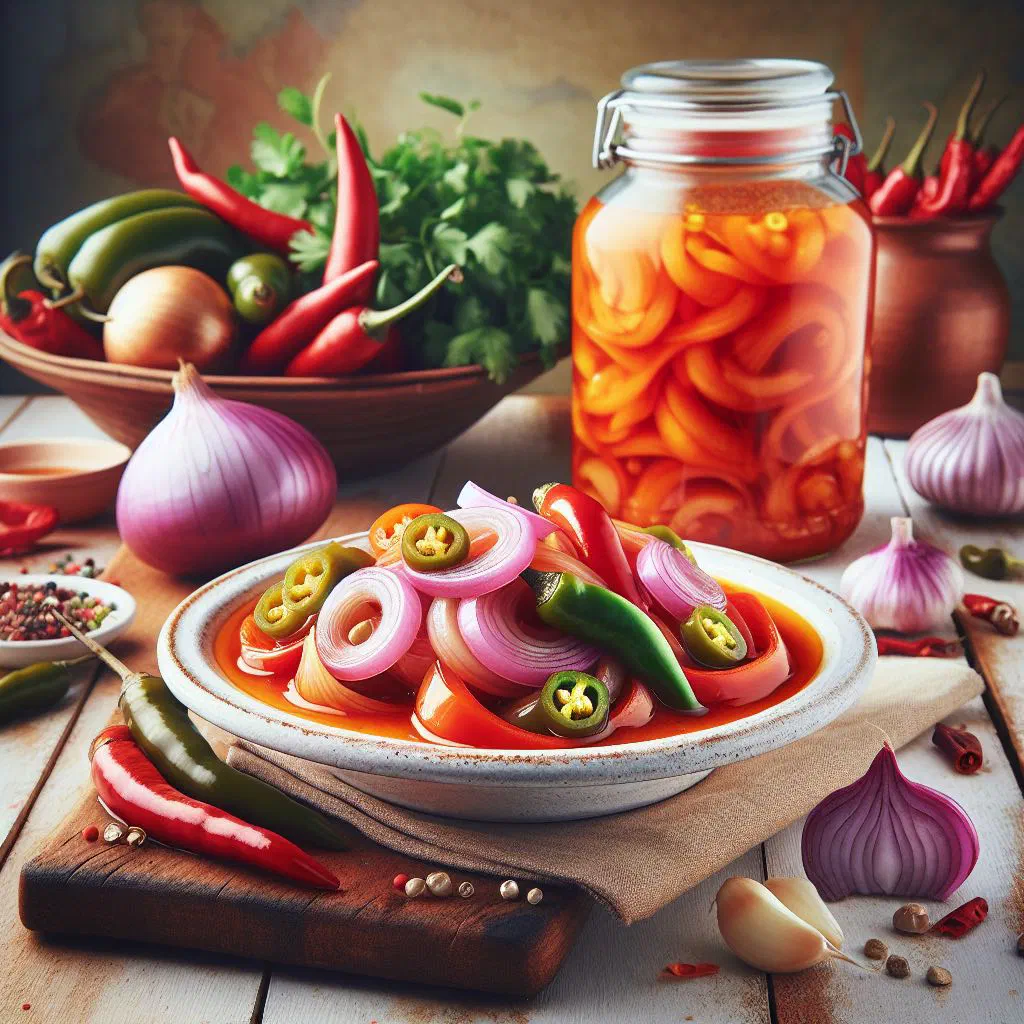Pickled chillies with onion rings in a jar of vinegar marinade