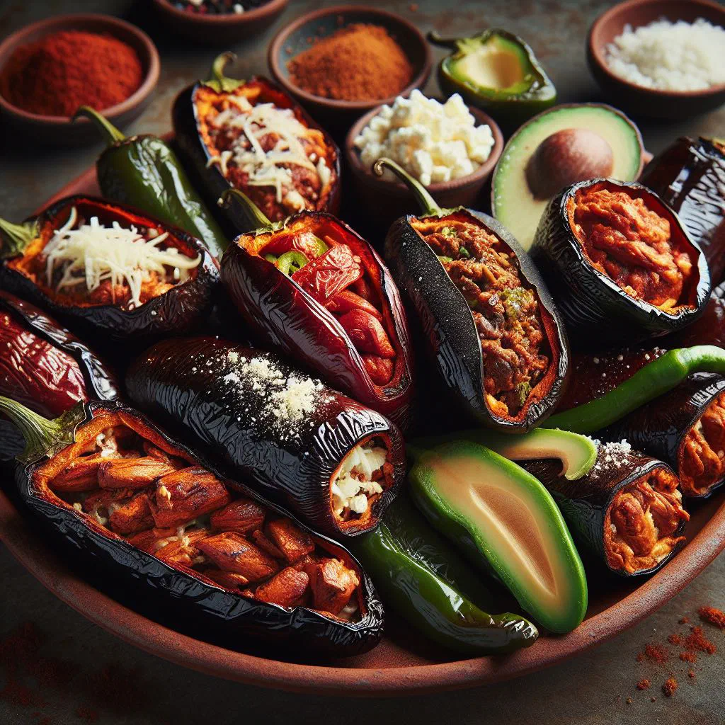 Stuffed poblano chillies in a rich tomato sauce on a plate