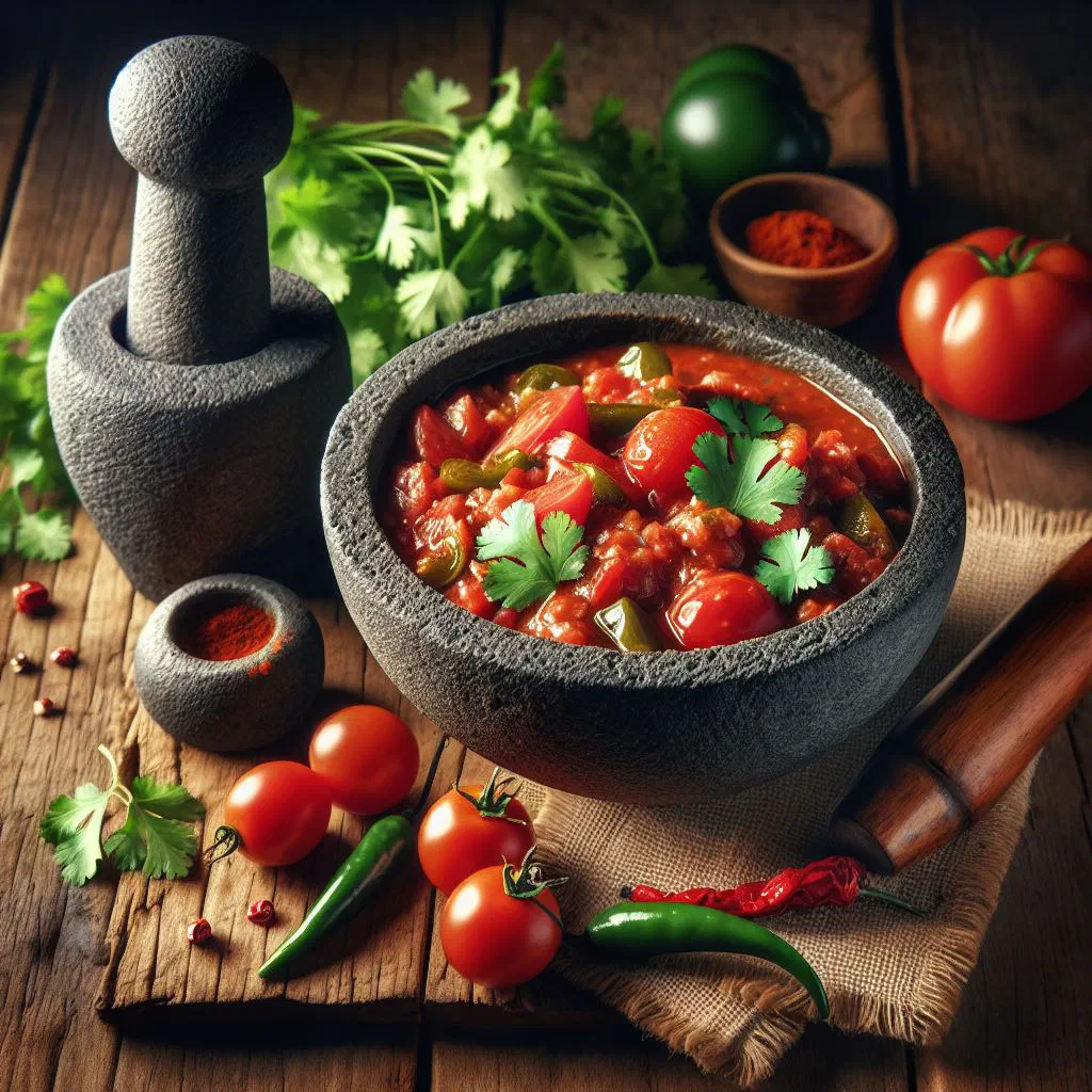 Bowl of chiltomate yucateco with fresh tomatoes, chillies and coriander
