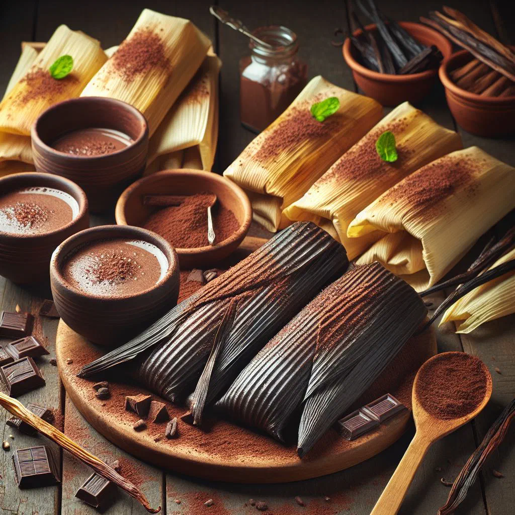 Steamed chocolate tamales wrapped in corn husks on a plate