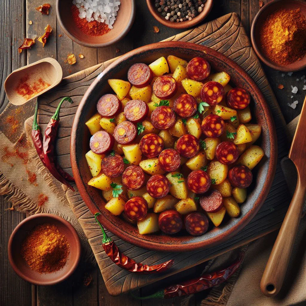 Skillet of chorizo con papas with crispy potatoes and fresh coriander