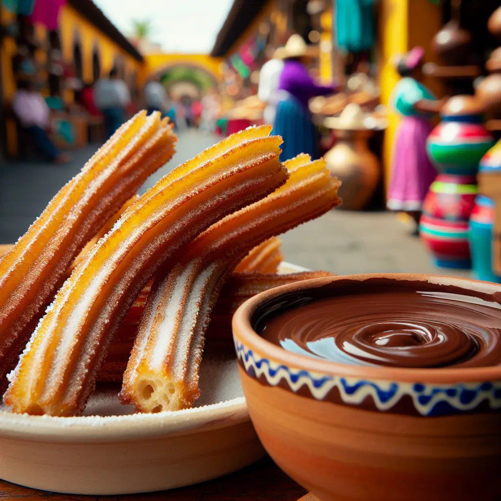 Cinnamon-sugar churros served with a bowl of thick dark chocolate sauce