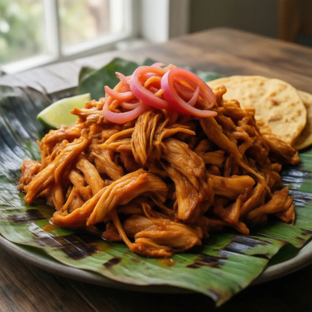 Shredded cochinita pibil with pickled red onions on warm tortillas