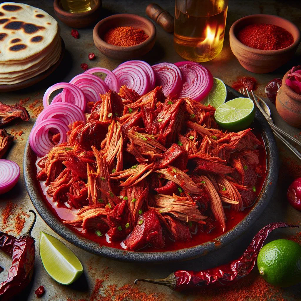 Shredded cochinita pibil with pickled red onions on warm tortillas