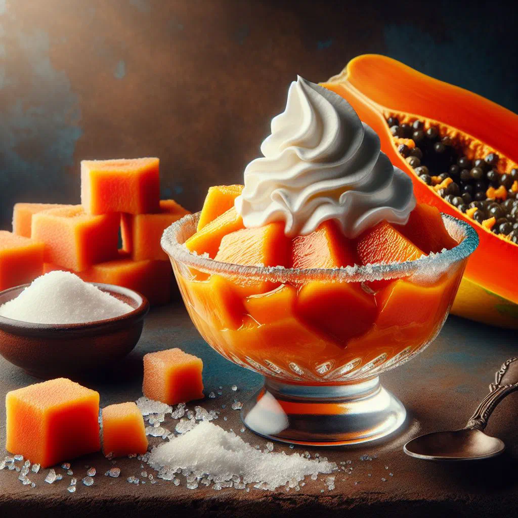 Glistening cubes of sweet stewed papaya served in a small dish with lime