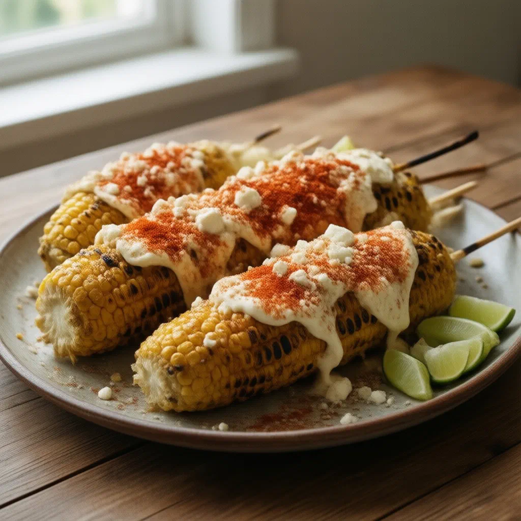 Grilled corn on the cob topped with mayonnaise, cheese and chilli