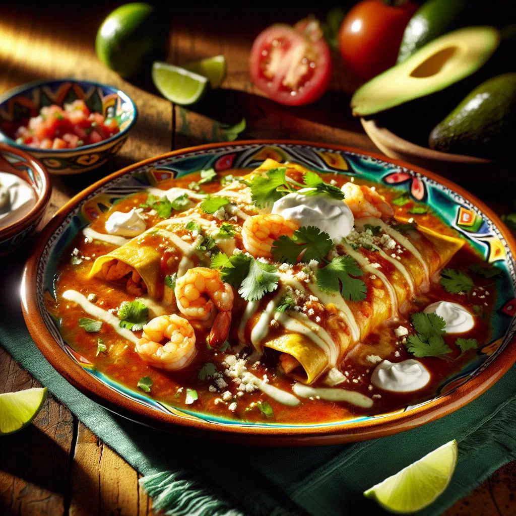 Prawn enchiladas topped with melted cheese and fresh coriander