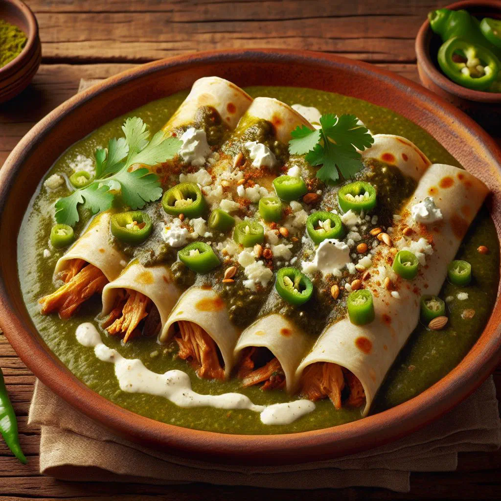 Rolled corn tortillas topped with green mole sauce and fresh coriander