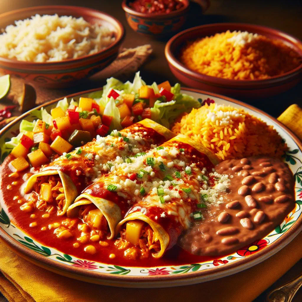 Enchiladas mineras topped with tomato salsa, crumbled cheese and fresh coriander