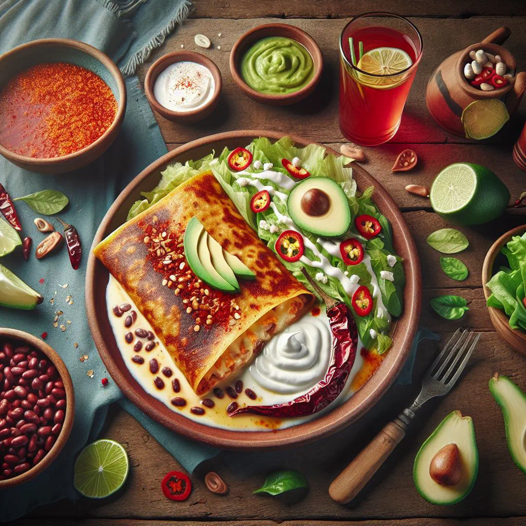 Folded corn tortilla enchiladas potosinas topped with cheese and fresh coriander