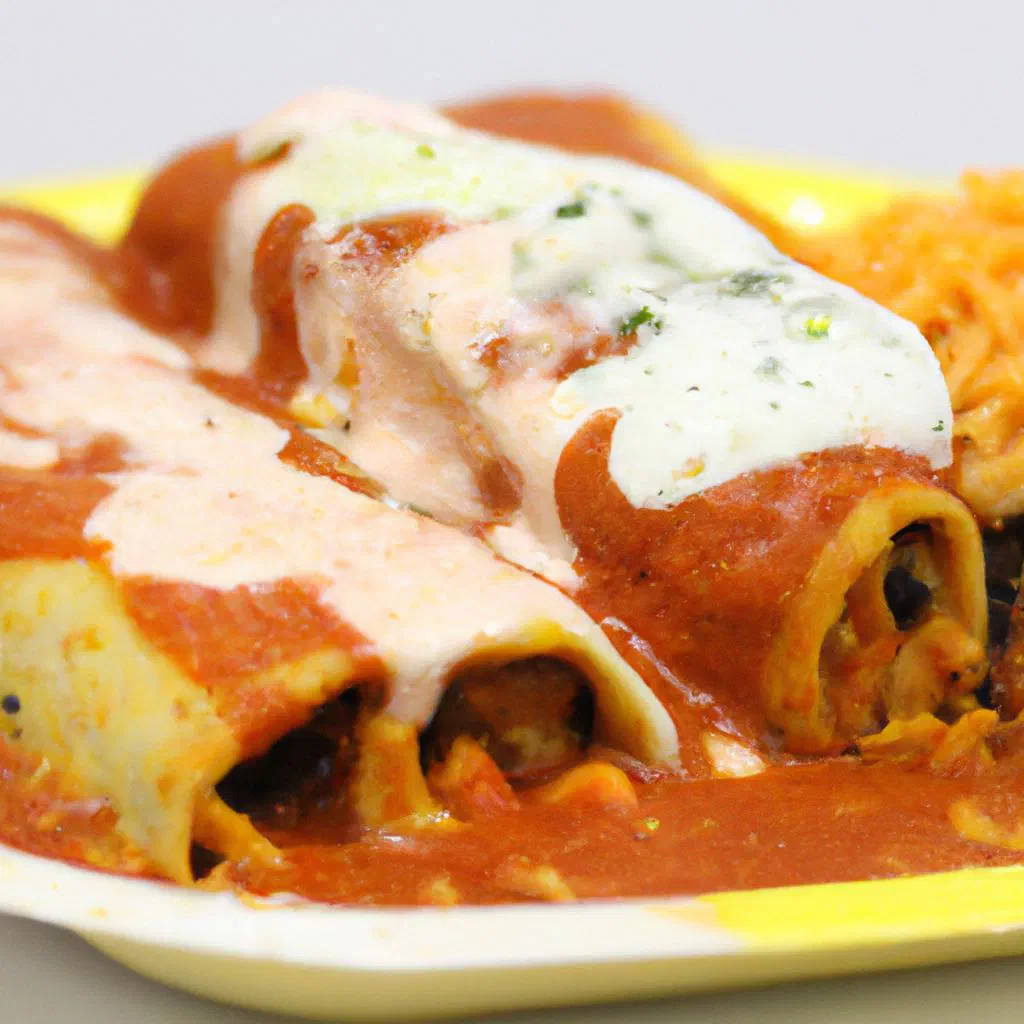 Rolled enchiladas baked in red sauce and topped with melted cheese