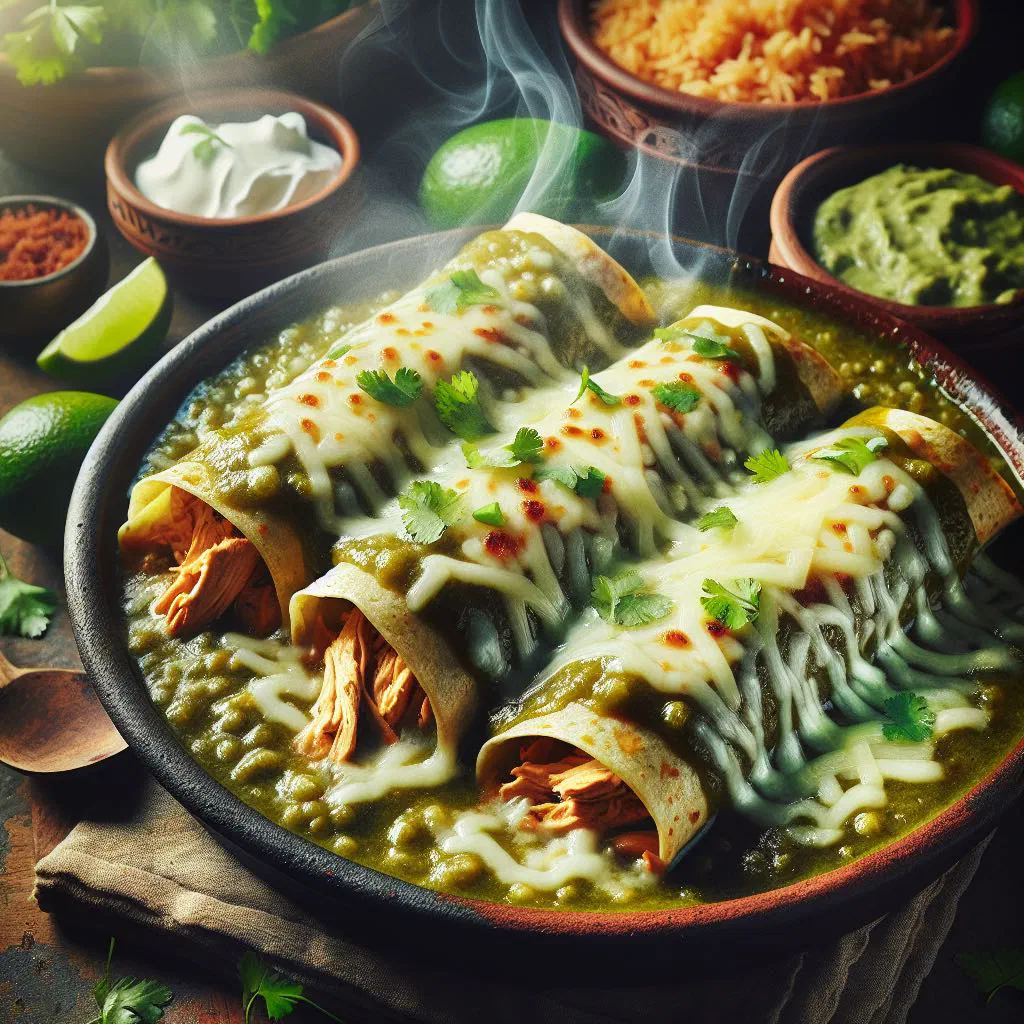 Enchiladas Suizas topped with melted cheese, sour cream and fresh coriander