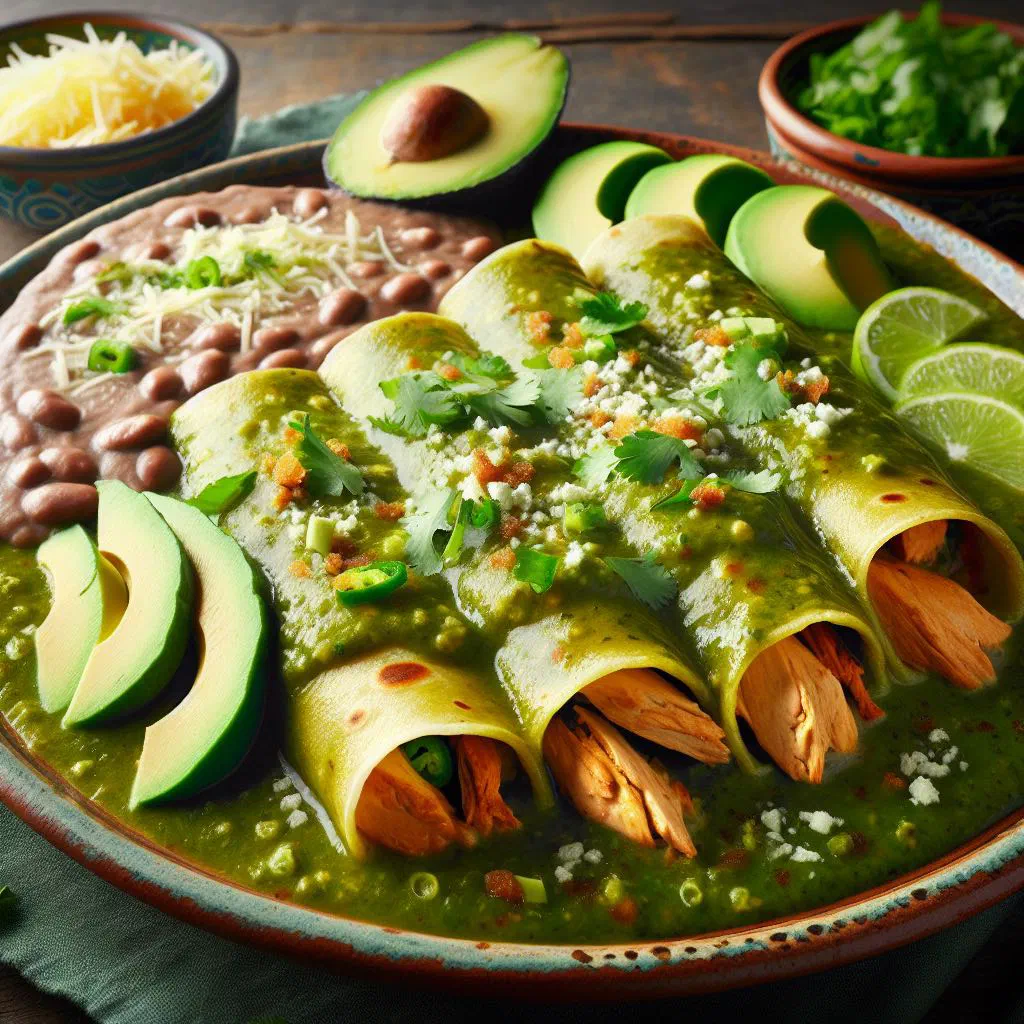 Enchiladas verdes topped with green salsa, crumbled cheese and cream