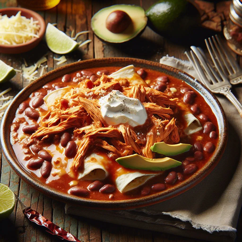 Rolled corn tortillas smothered in black bean sauce, topped with chicken and coriander