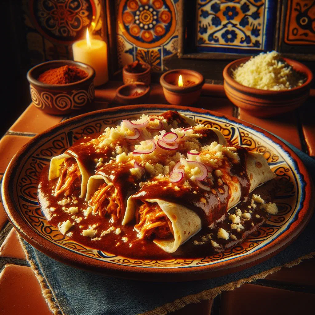 Enmoladas smothered in dark mole sauce, topped with crumbled cheese and fresh coriander