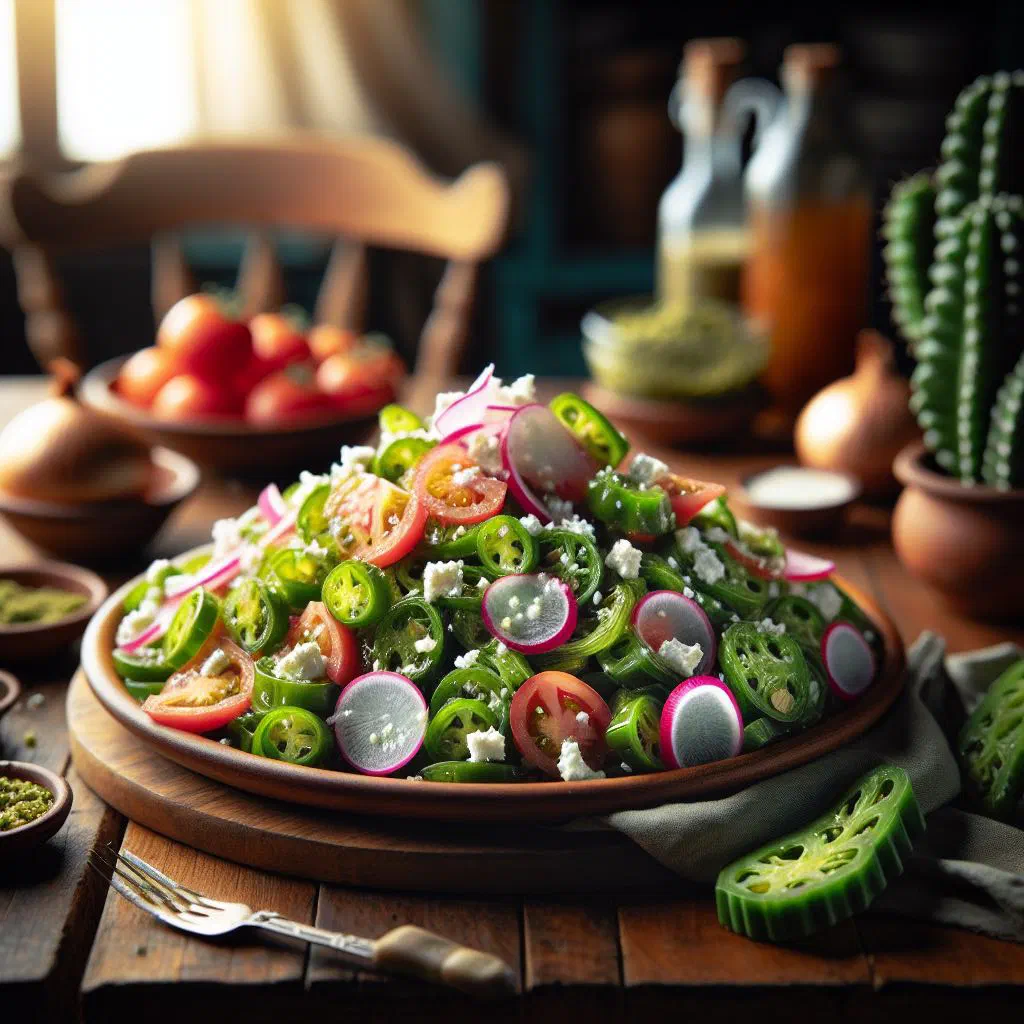 Mexican cactus salad with diced tomato, onion and fresh coriander