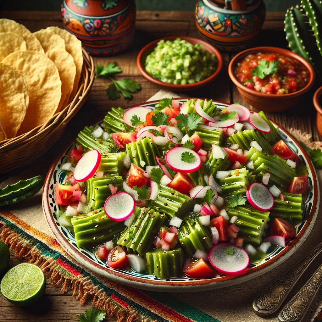 Ensalada de nopales with diced tomato, onion and fresh coriander