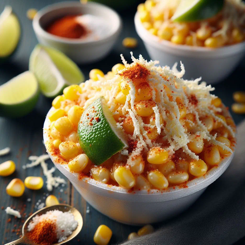 Esquites con queso served in a bowl with crumbled cheese, lime and coriander