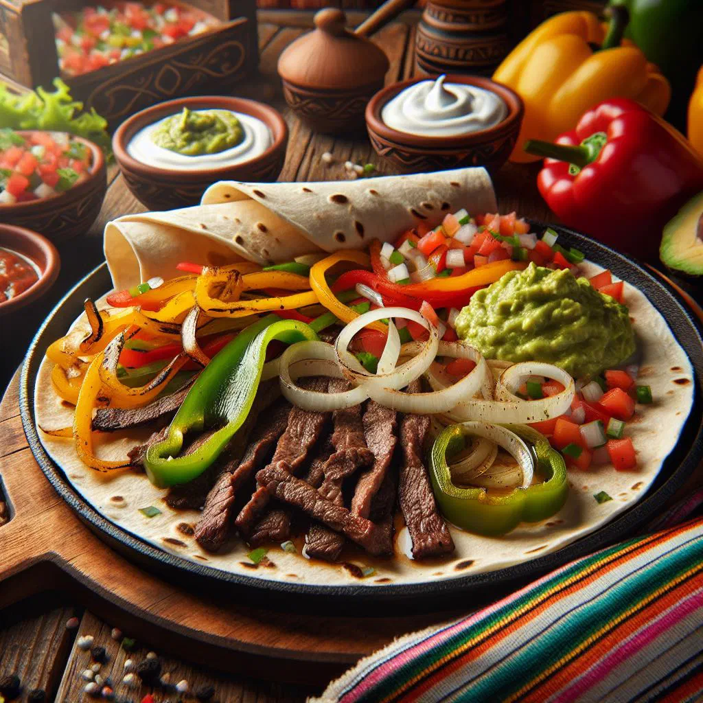 Sizzling chicken and pepper fajitas with warm tortillas and lime
