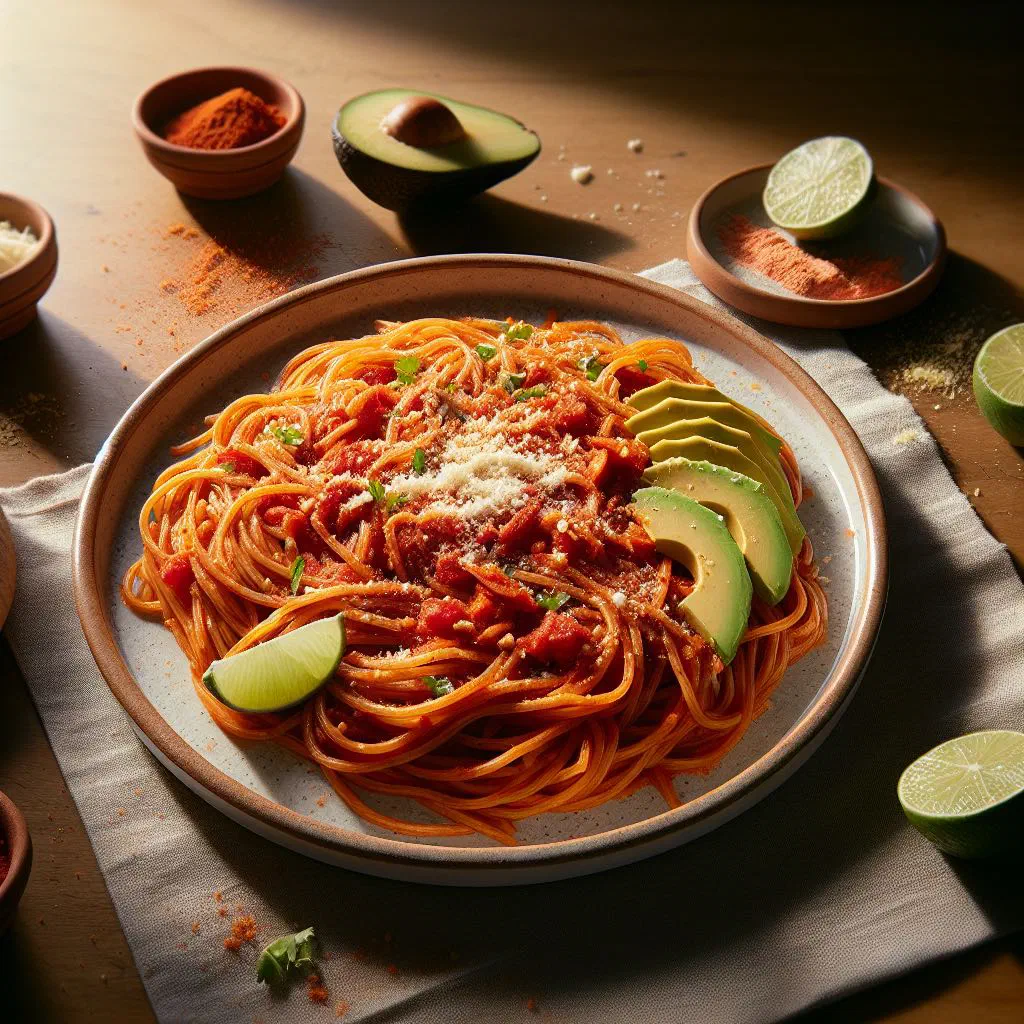 Fideo seco noodles in a rich tomato sauce garnished with fresh coriander