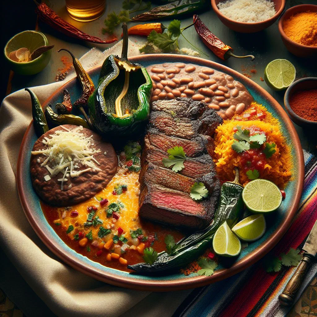 Filete tampiqueña with grilled beef strips, black beans and melted cheese