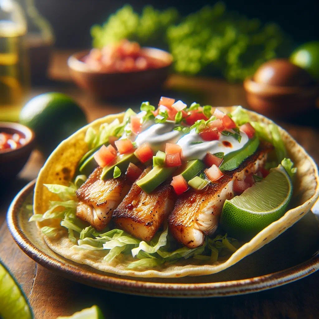 Crispy fish tacos topped with avocado, salsa and fresh coriander