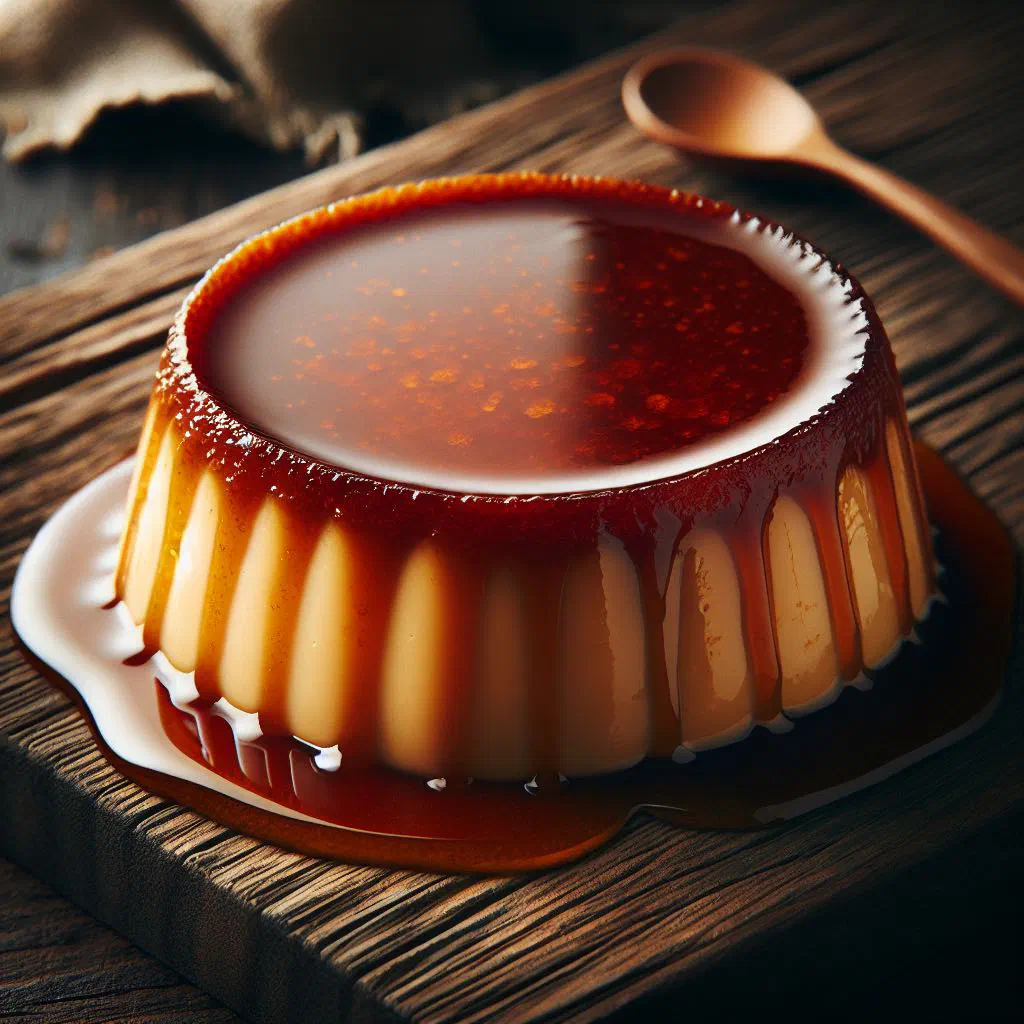 Mexican flan topped with golden caramel on a dessert plate