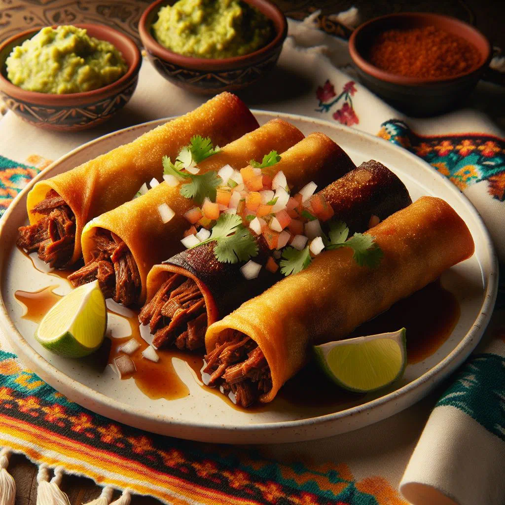 Crispy fried flautas de barbacoa served with avocado and fresh salsa