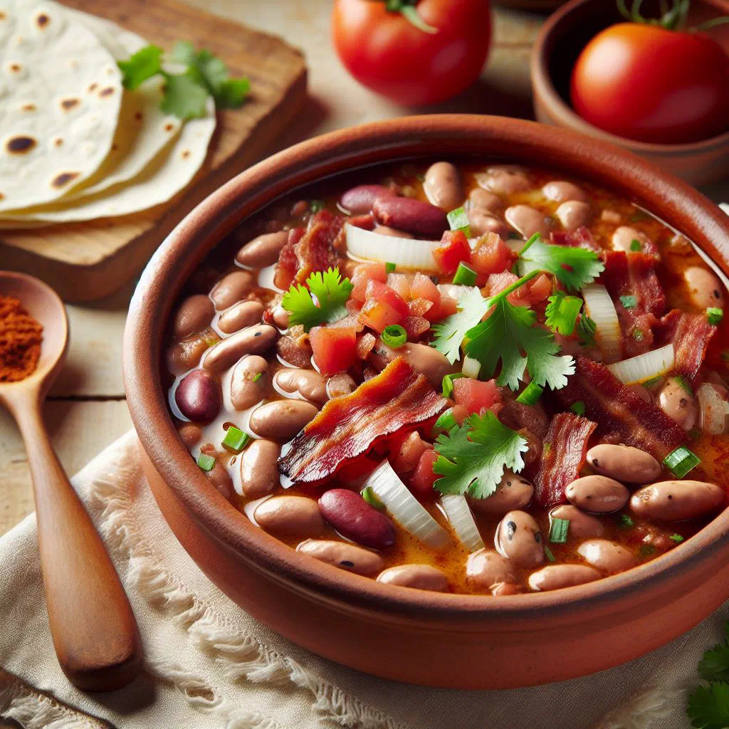A steaming bowl of frijoles charros with bacon, chorizo and beans