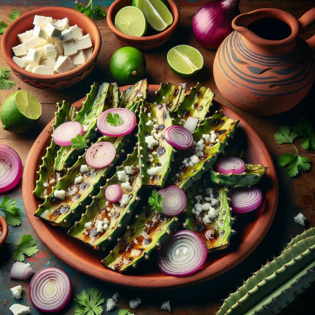 Grilled nopales cactus paddles with lime wedges and fresh coriander