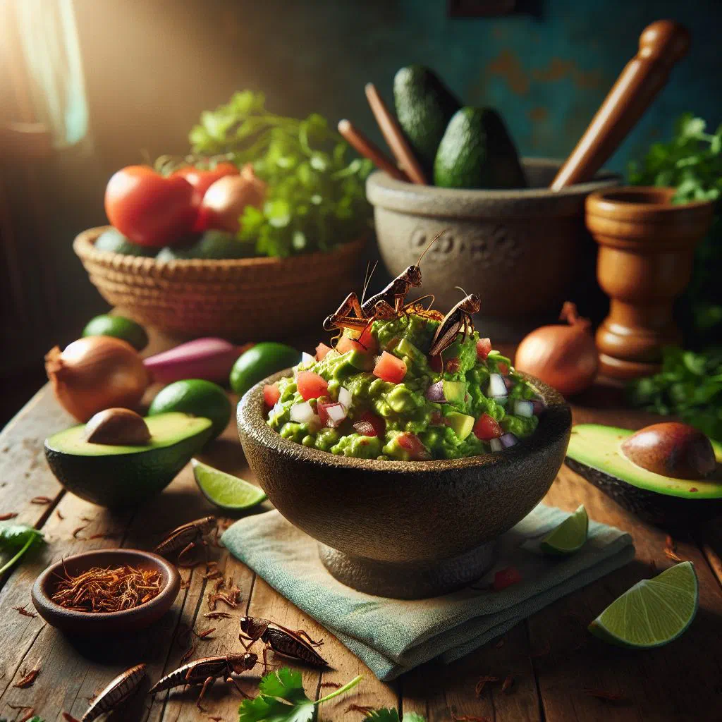 Creamy guacamole topped with roasted chapulines and fresh coriander